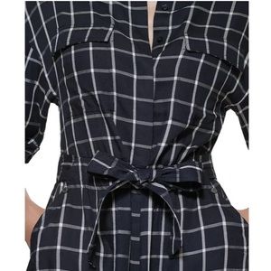 CALVIN KLEIN Womens Navy Tie Unlined Plaid Elbow Sleeve Tea-Length Shift Dress
